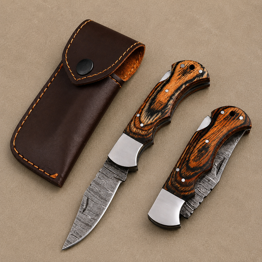 Artisan Damascus Steel Outdoor Folding Pocket Knife – Brown Pukka Wood Handle | Steel Bolster | Classic Back Lock