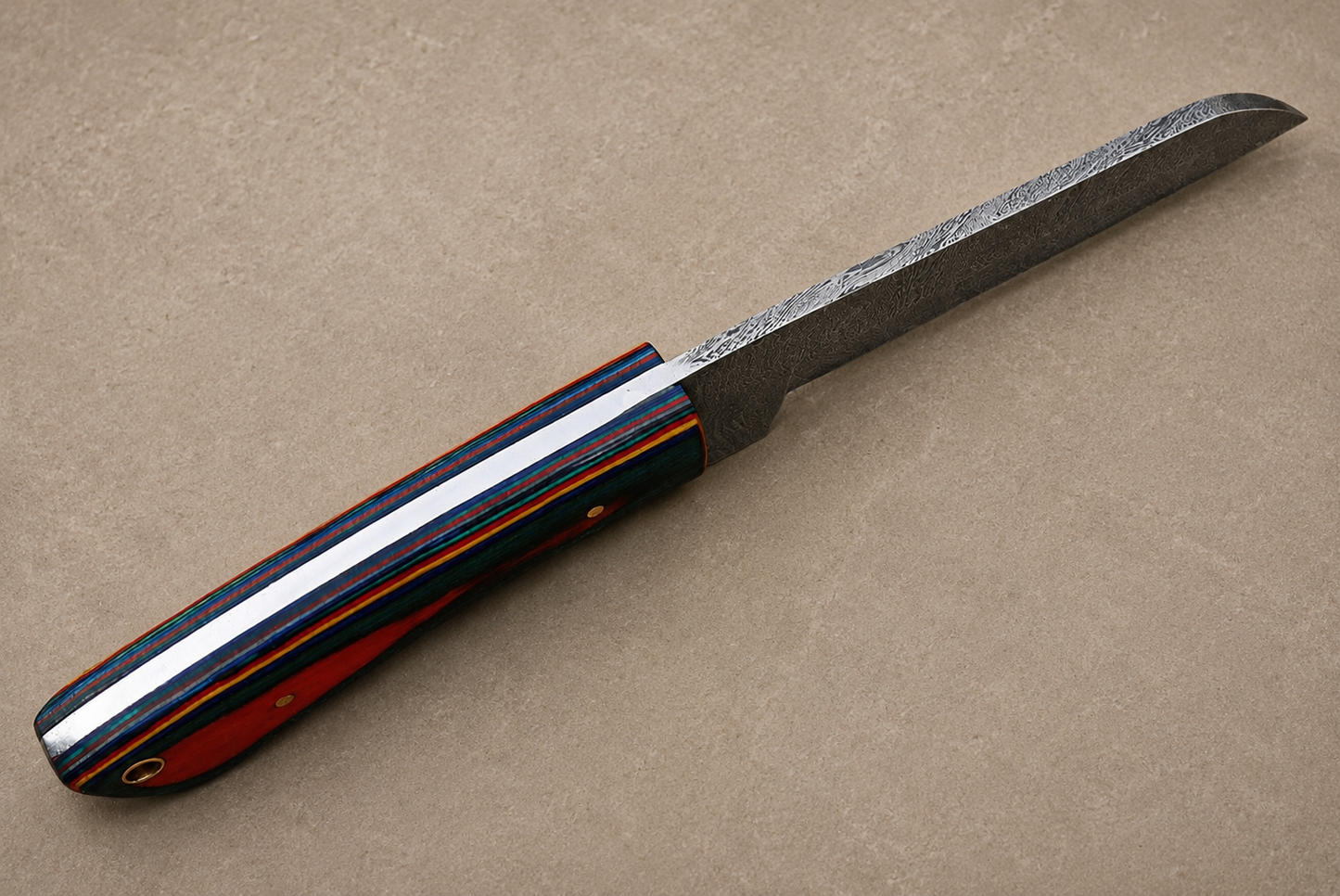Hand Forged Damascus Steel Fixed Blade Tool with Wood Handle – Compact Utility Tool with Leather Sheath