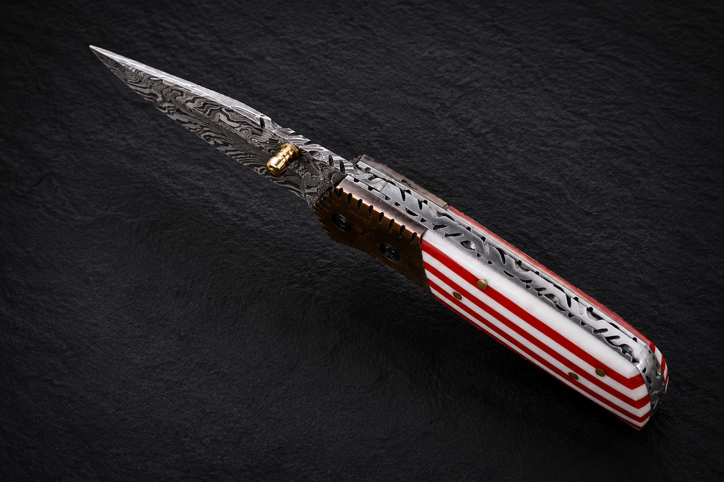 Copper Crest Damascus Steel Folding Knife – 512 Layer Hand Forged Design with Resin Handle, Copper Bolster & Leather Sheath