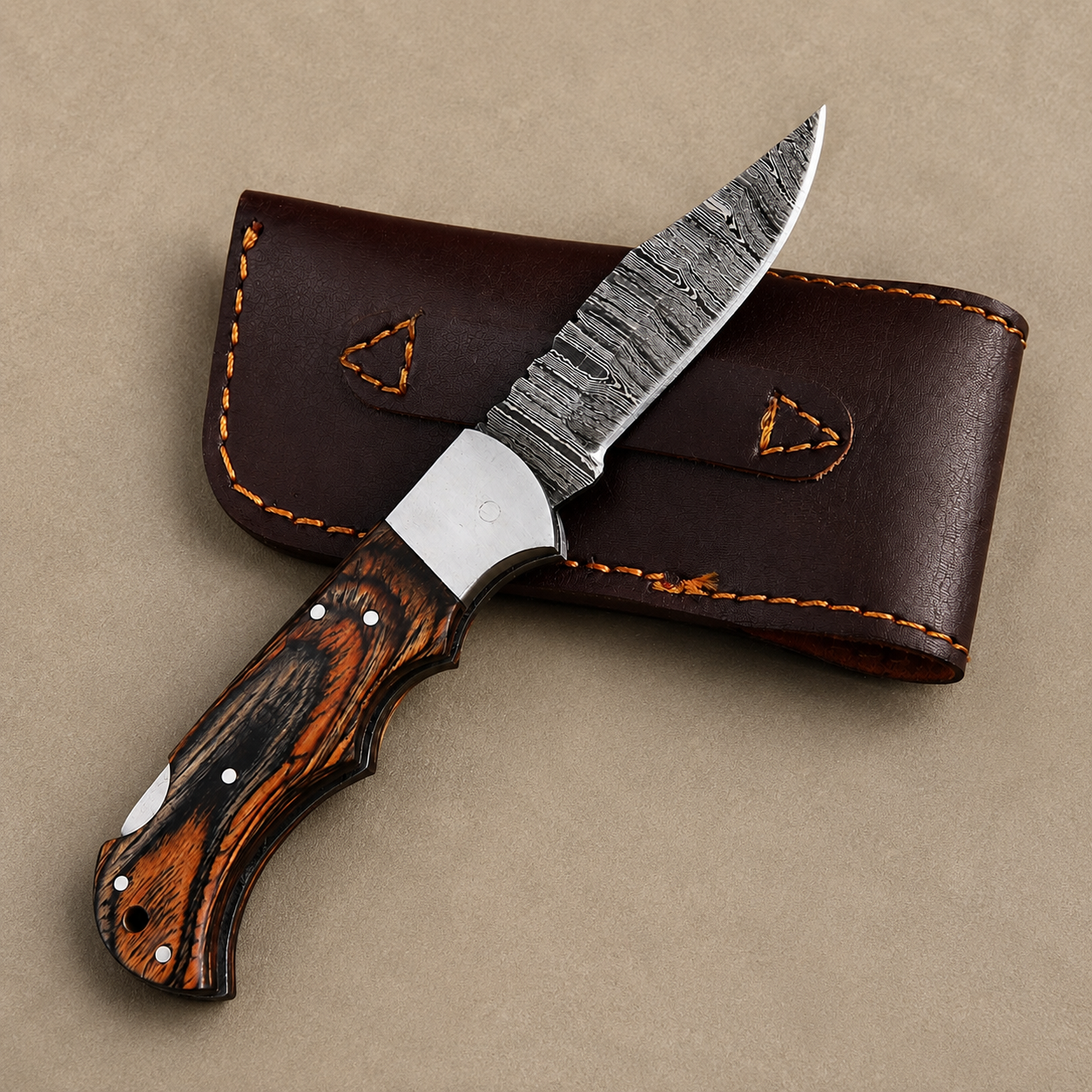 Artisan Damascus Steel Outdoor Folding Pocket Knife – Brown Pukka Wood Handle | Steel Bolster | Classic Back Lock
