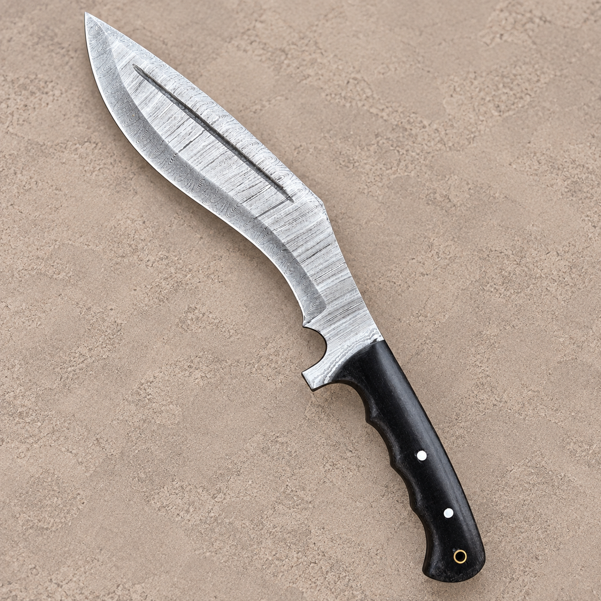 Custom Hand Forged Damascus Kukri-Style Knife with Micarta Handle & Leather Sheath