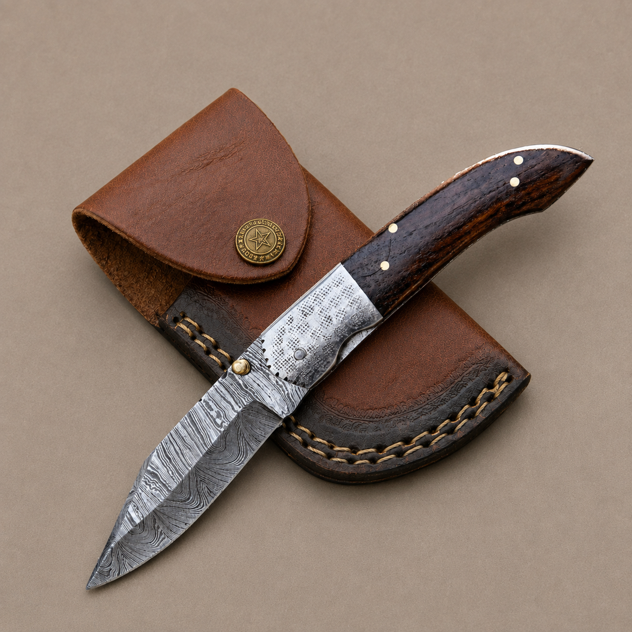 Hand Forged Damascus Steel Folding Pocket Knife with Wood Handle