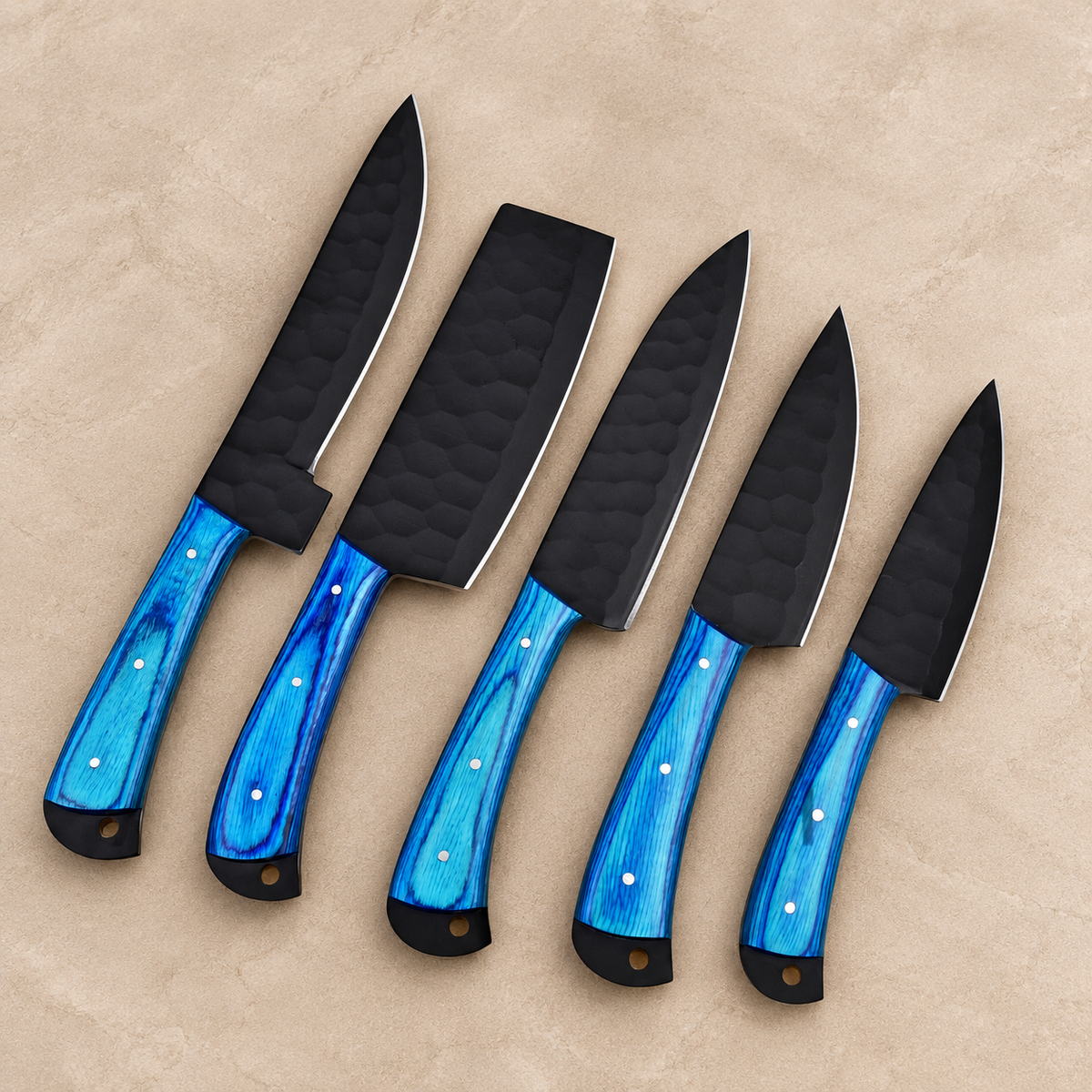 Hand Forged High Carbon Steel Chef Knife Set – 5-Piece Kitchen Set with Wood Handles & Leather Sheath
