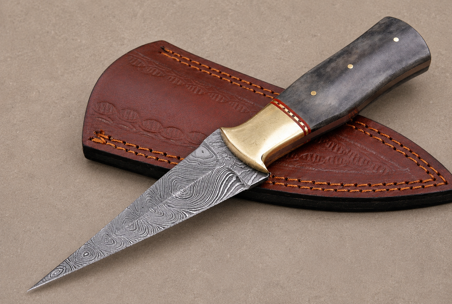 Desert Forge Damascus Steel Knife – 512 Layer Hand Forged Blade with Camel Bone & Brass Handle and Leather Sheath