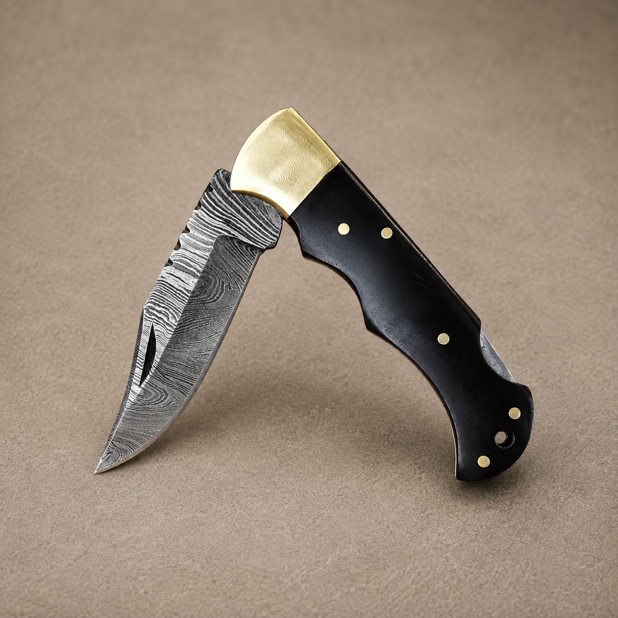 Hand Forged Damascus Steel Folding Pocket Knife with Bull Horn Handle