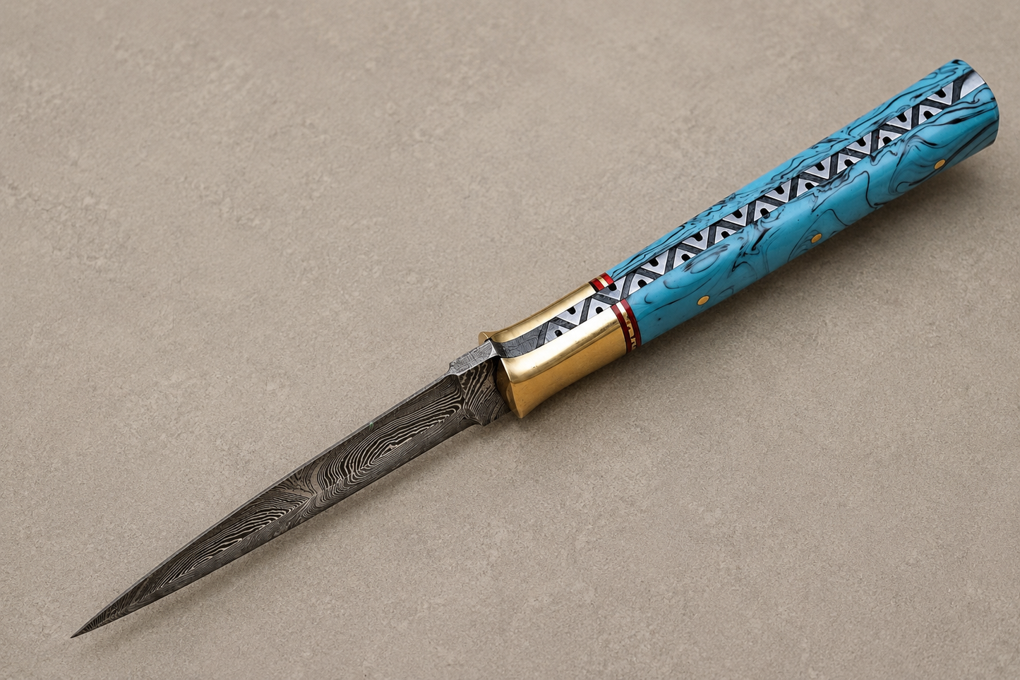 Copper Ridge Damascus Steel Knife – 512 Layer Hand Forged Blade with Resin & Brass Handle and Leather Sheath