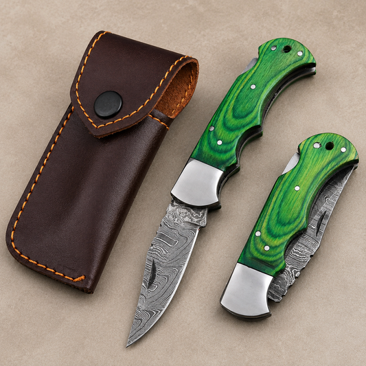 Artisan Folding Damascus Steel Knife – Premium Wood Handle | Steel Bolster |Green Handle| Classic Lock back