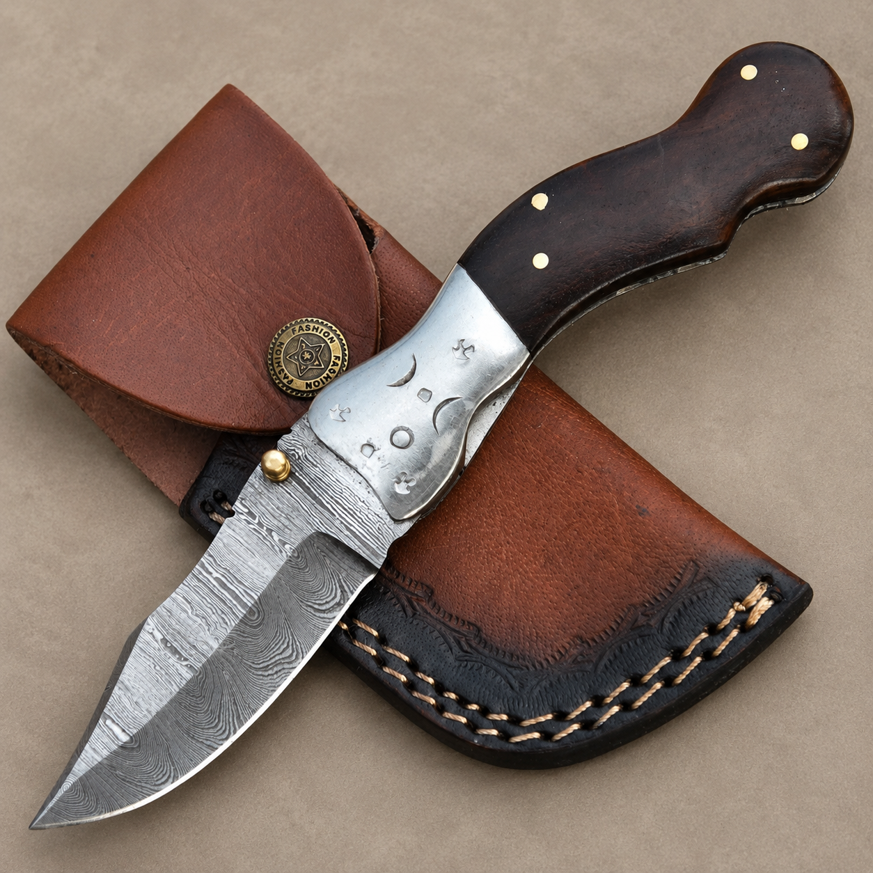 Hand Forged Damascus Steel Folding Pocket Knife with Wood Handle
