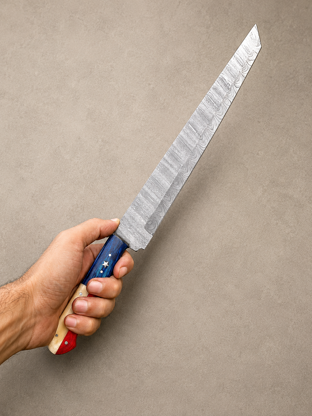 Lone Star Damascus Butcher Chef Knife – 15" Hand Forged Tanto-Style Kitchen Knife with Texas Flag Handle