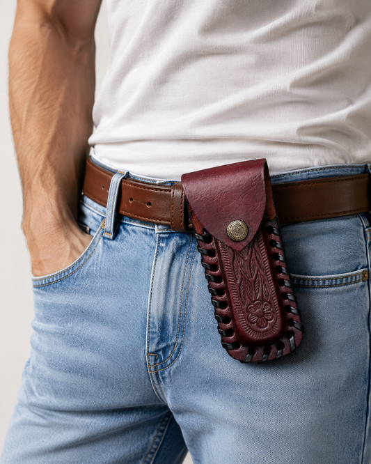 Handmade Leather Folding Utility Knife Sheath – Hand Engraved Universal EDC Belt Holder 5.5 Inch