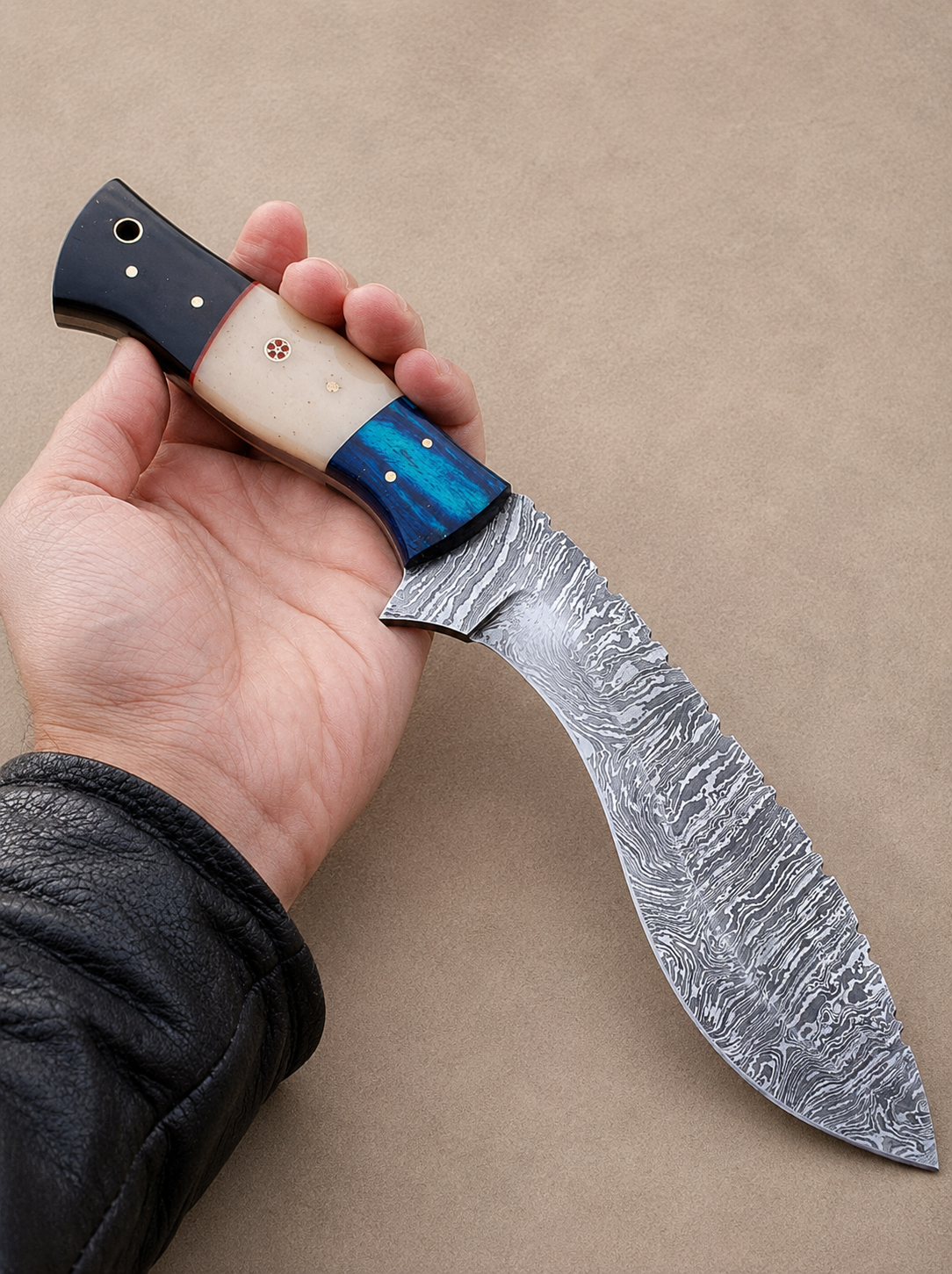 Mountain Forge Damascus Kukri Knife – 512 Layer Hand Forged Blade with Bull Horn & Bone Handle & Leather Sheath