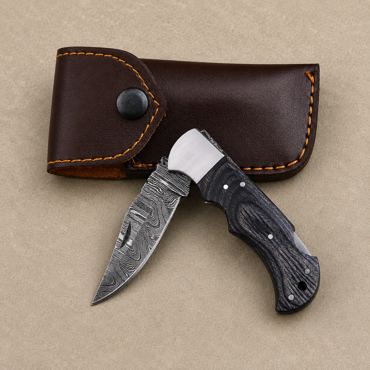 Artisan Folding Damascus Steel Pocket Knife – Black Pukka Wood Handle | Steel Bolster | Classic Back Lock