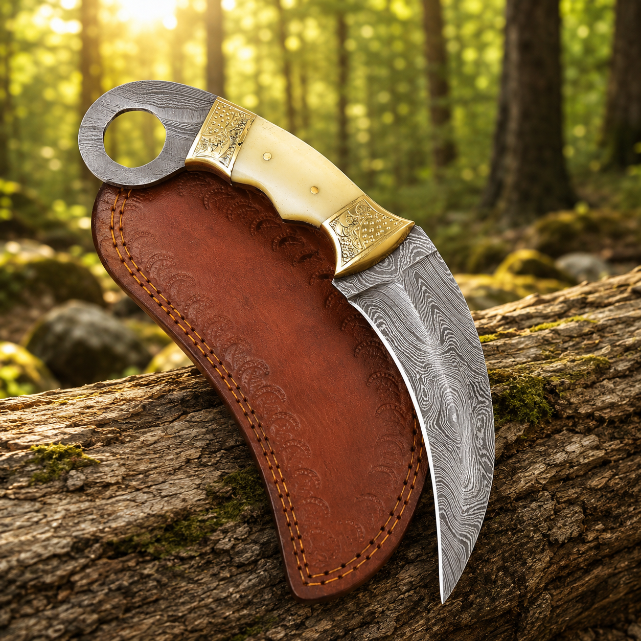Handmade Damascus Steel Curved Fixed Blade Knife – Camel Bone Handle & Engraved Brass Bolster | Leather Sheath Included