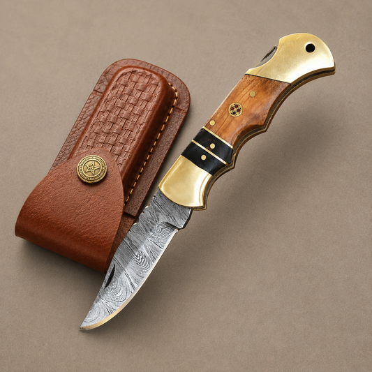 Hand Forged Damascus Steel Back Lock Folding Pocket Knife with Wood & Bull Horn Handle