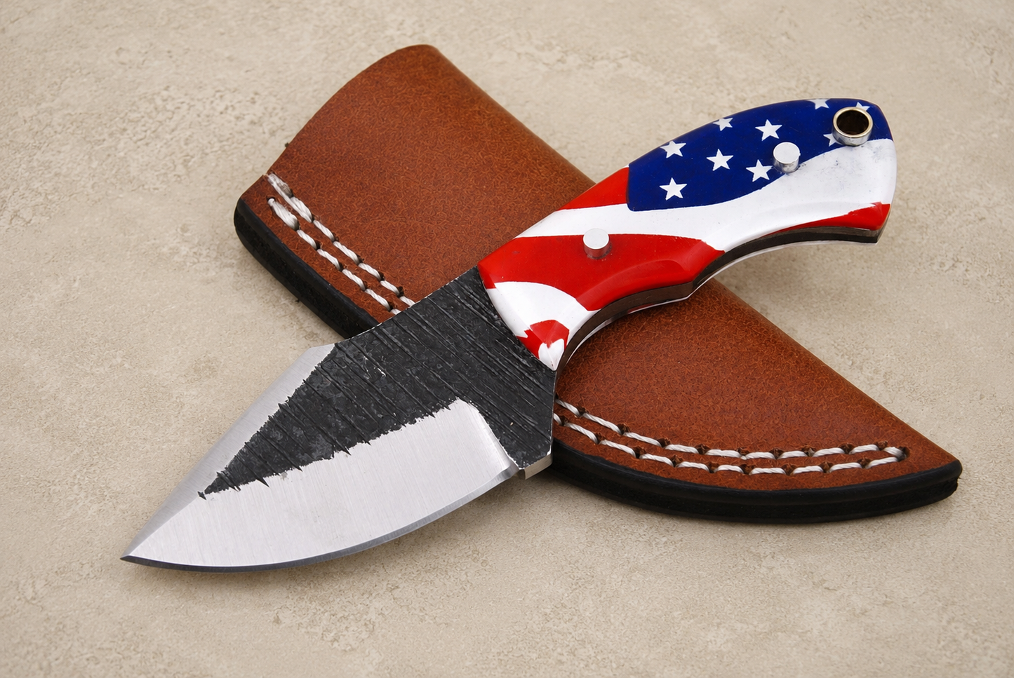 Patriot Forge Railroad Steel Utility Knife – Hand Forged Fixed Blade with American Flag Handle & Leather Sheath
