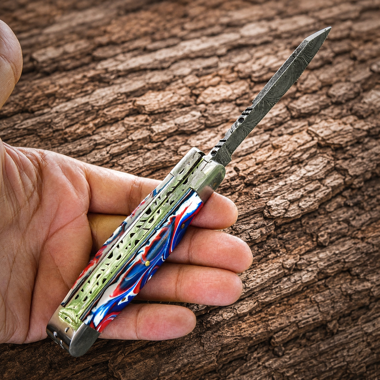 Custom Handmade Damascus Steel Double Blade Folding Utility Knife – Premium Trapper Style EDC with Leather Sheath