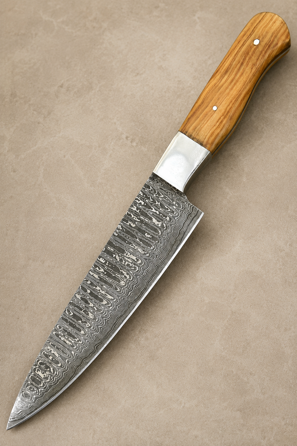 Artisan Damascus Chef Knife – 512 Layer Hand Forged Kitchen Knife with Wood Handle, Steel Bolster & Leather Sheath