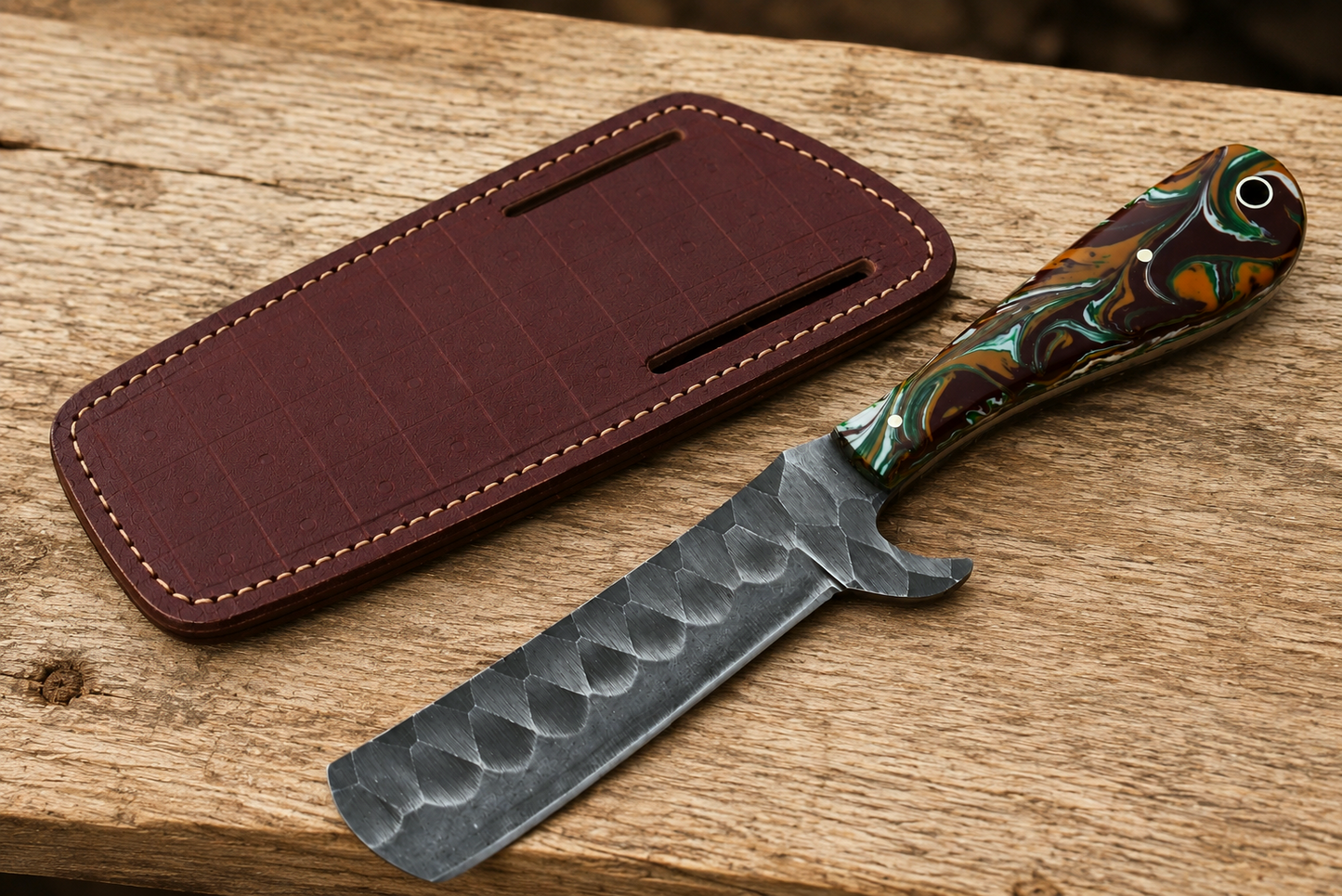 Hand Forged Fixed Blade Knife – Handmade Railroad Steel Knife with Resin Handle & Leather Sheath