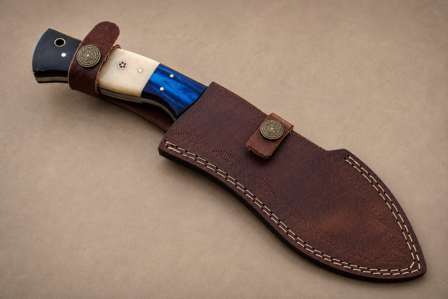 Mountain Forge Damascus Kukri Knife – 512 Layer Hand Forged Blade with Bull Horn & Bone Handle & Leather Sheath