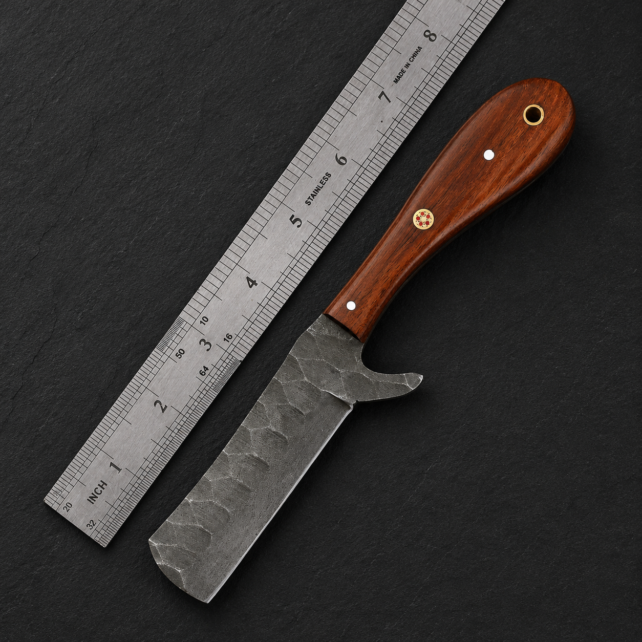 Hand Forged Railroad Steel Fixed Blade Knife with Wood Handle & Engraved Leather Sheath