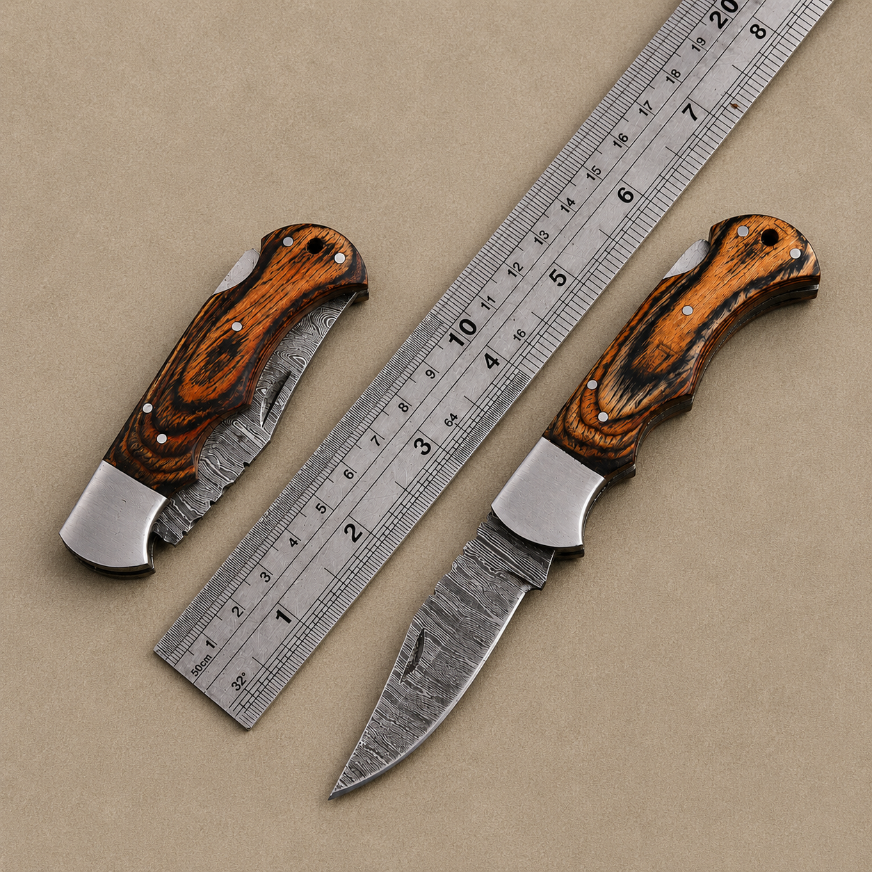 Artisan Damascus Steel Outdoor Folding Pocket Knife – Brown Pukka Wood Handle | Steel Bolster | Classic Back Lock