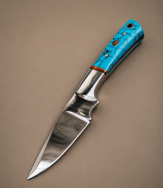 Handmade D2 Steel Fixed Blade Knife with Resin Handle & Leather Sheath – Mirror Polished Finish