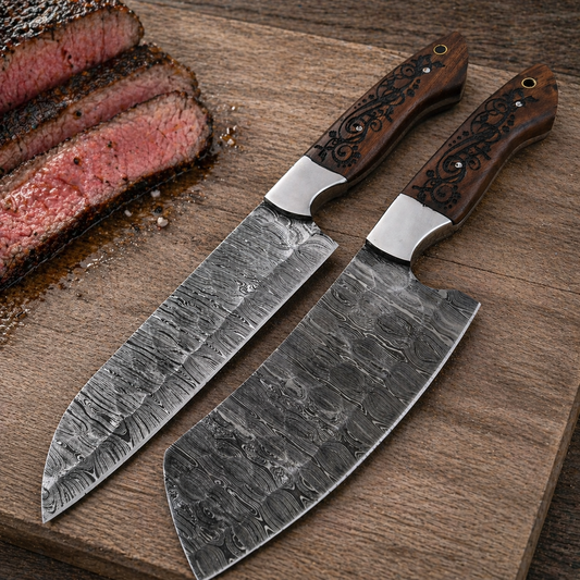 Hand Forged Damascus Steel Chef Knife Set – 2 Piece Kitchen Knife Set with Wood & Steel Bolster Handles (512 Layers)