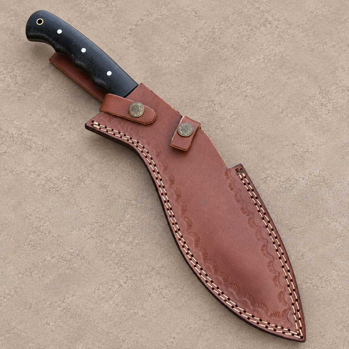 Custom Hand Forged Damascus Kukri-Style Knife with Micarta Handle & Leather Sheath