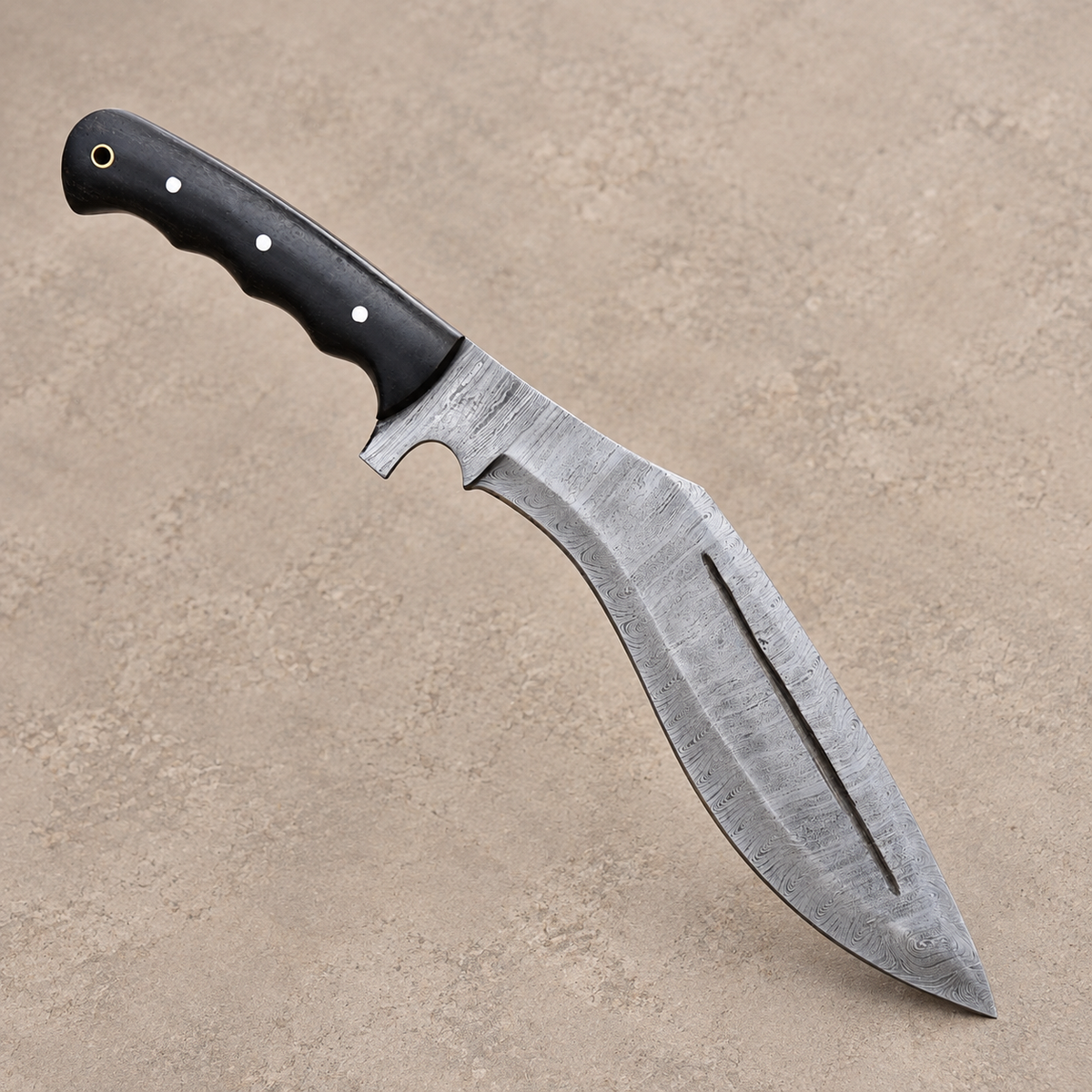 Custom Hand Forged Damascus Kukri-Style Knife with Micarta Handle & Leather Sheath