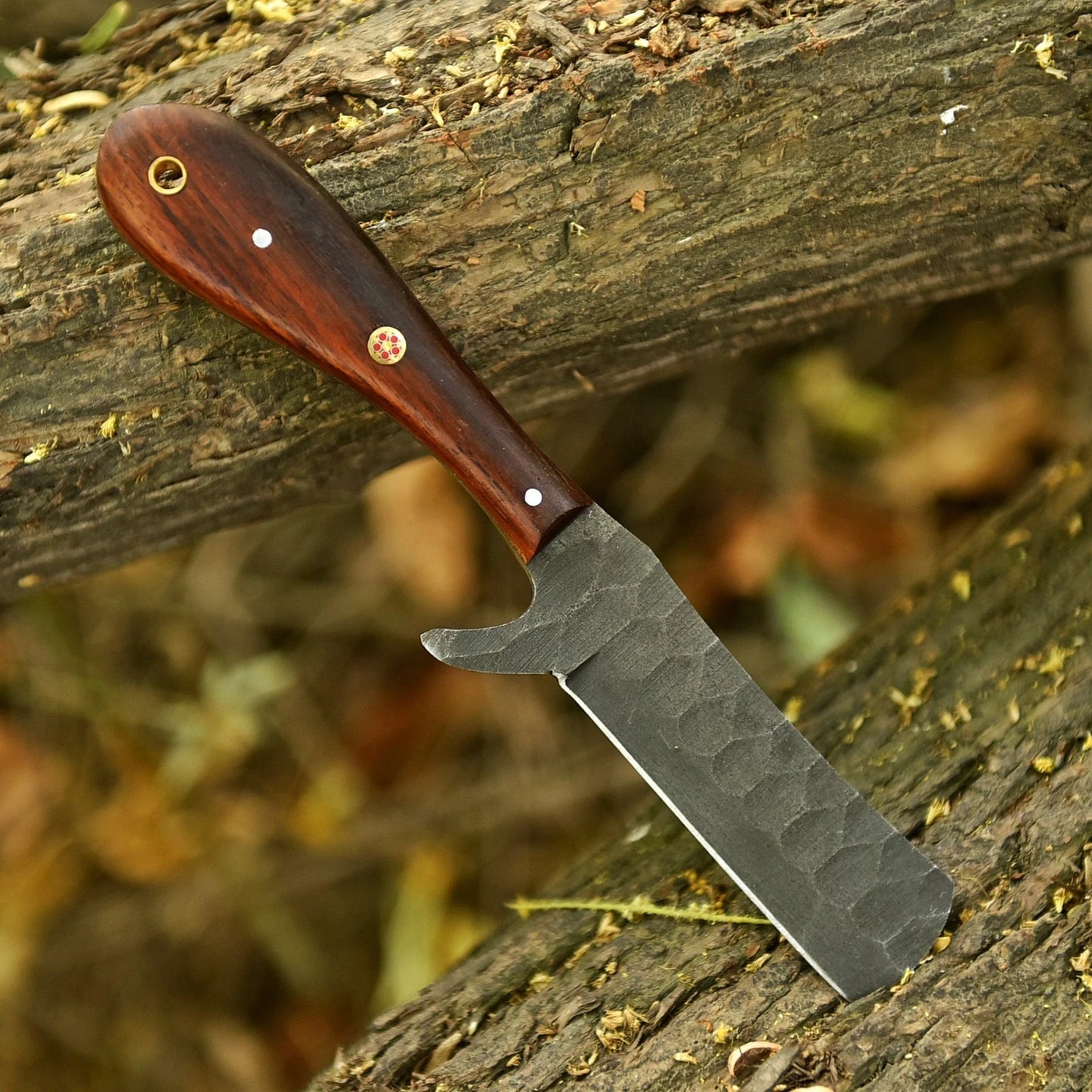 Hand Forged Railroad Steel Fixed Blade Knife with Wood Handle & Engraved Leather Sheath