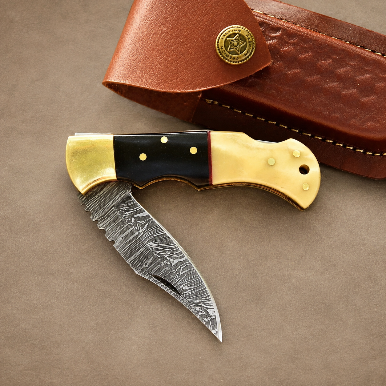 Hand Forged Damascus Steel Folding Pocket Knife with Leather Sheath