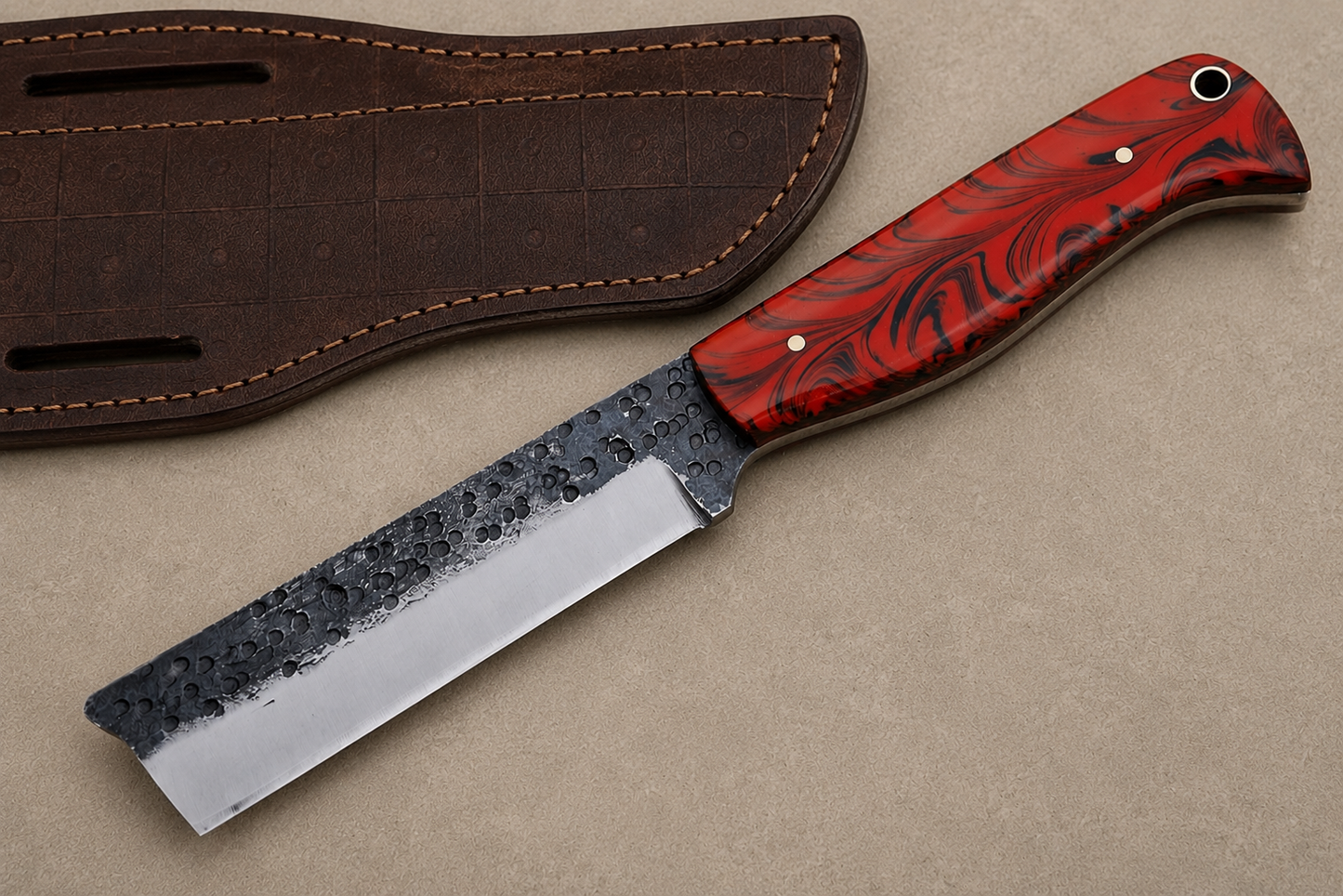 Heritage Rail High Carbon Steel Utility Knife – Hand Forged Fixed Blade with Resin Handle & Leather Sheath