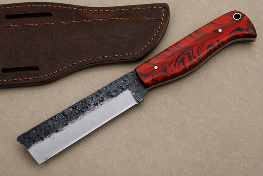 Heritage Rail High Carbon Steel Utility Knife – Hand Forged Fixed Blade with Resin Handle & Leather Sheath