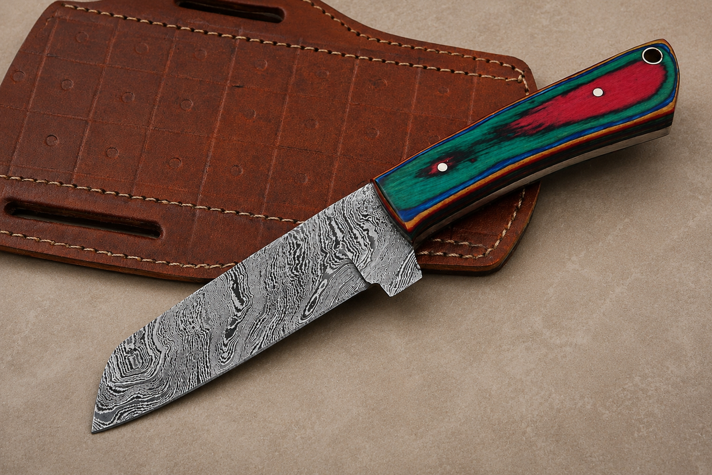 Hand Forged Damascus Steel Fixed Blade Tool with Wood Handle – Compact Utility Tool with Leather Sheath