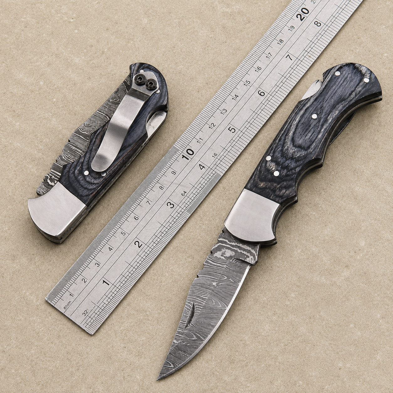 Personalized Damascus Folding Knife – Charcoal Black Pakka Wood Handle, Steel Bolster, Back Lock & Leather Sheath | Custom Engraved Gift