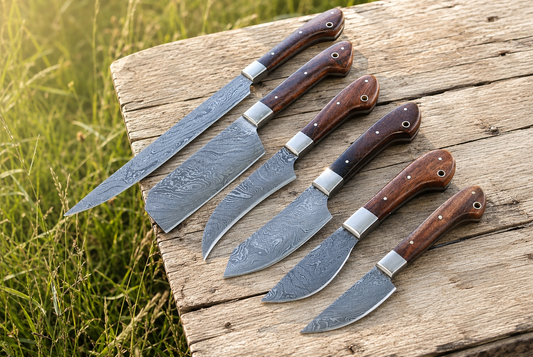 6-Piece Handmade Damascus Steel Kitchen Knife Set – Premium Chef Knives with Leather Sheath