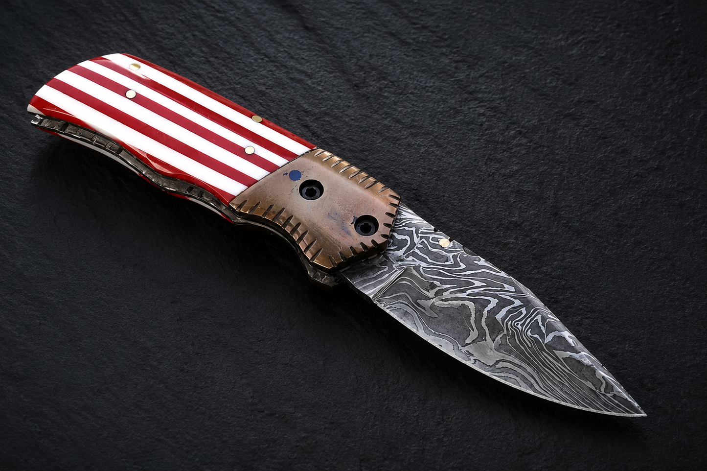 Copper Crest Damascus Steel Folding Knife – 512 Layer Hand Forged Design with Resin Handle, Copper Bolster & Leather Sheath
