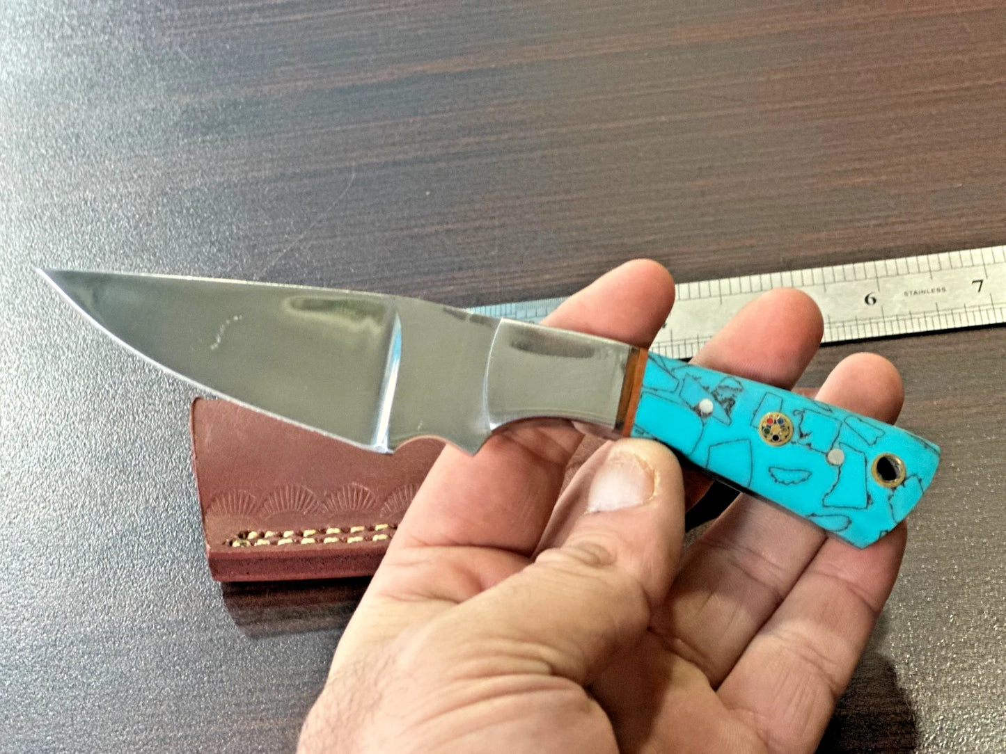 Handmade D2 Steel Fixed Blade Knife – Mirror Polished Blade Resin Handle | Leather Sheath Included