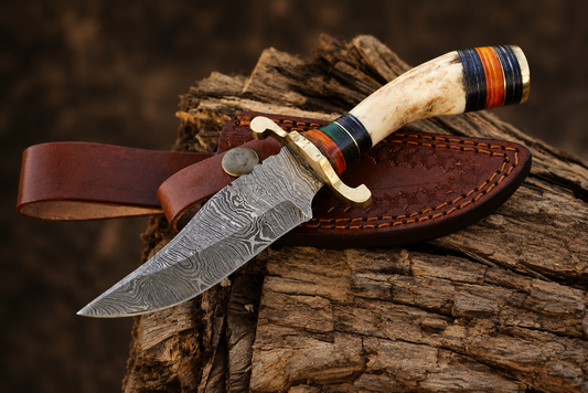 Heritage Damascus Steel Knife – Hand Forged 512-Layer Blade with Stag Handle, Brass Guard & Leather Sheath