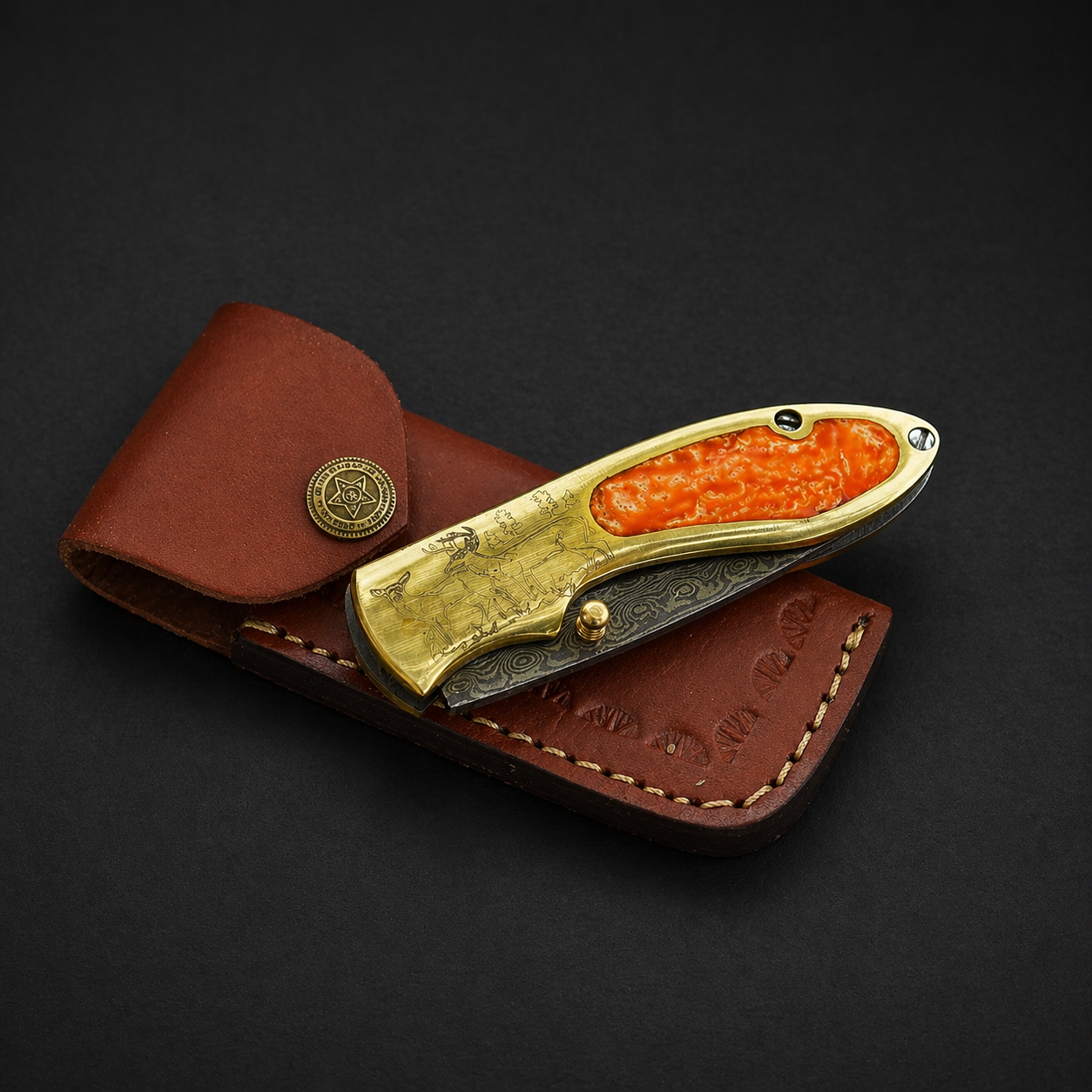 Custom Handmade Damascus Steel Folding Pocket Knife with Brass Handle – 512 Layers EDC Knife with Leather Sheath