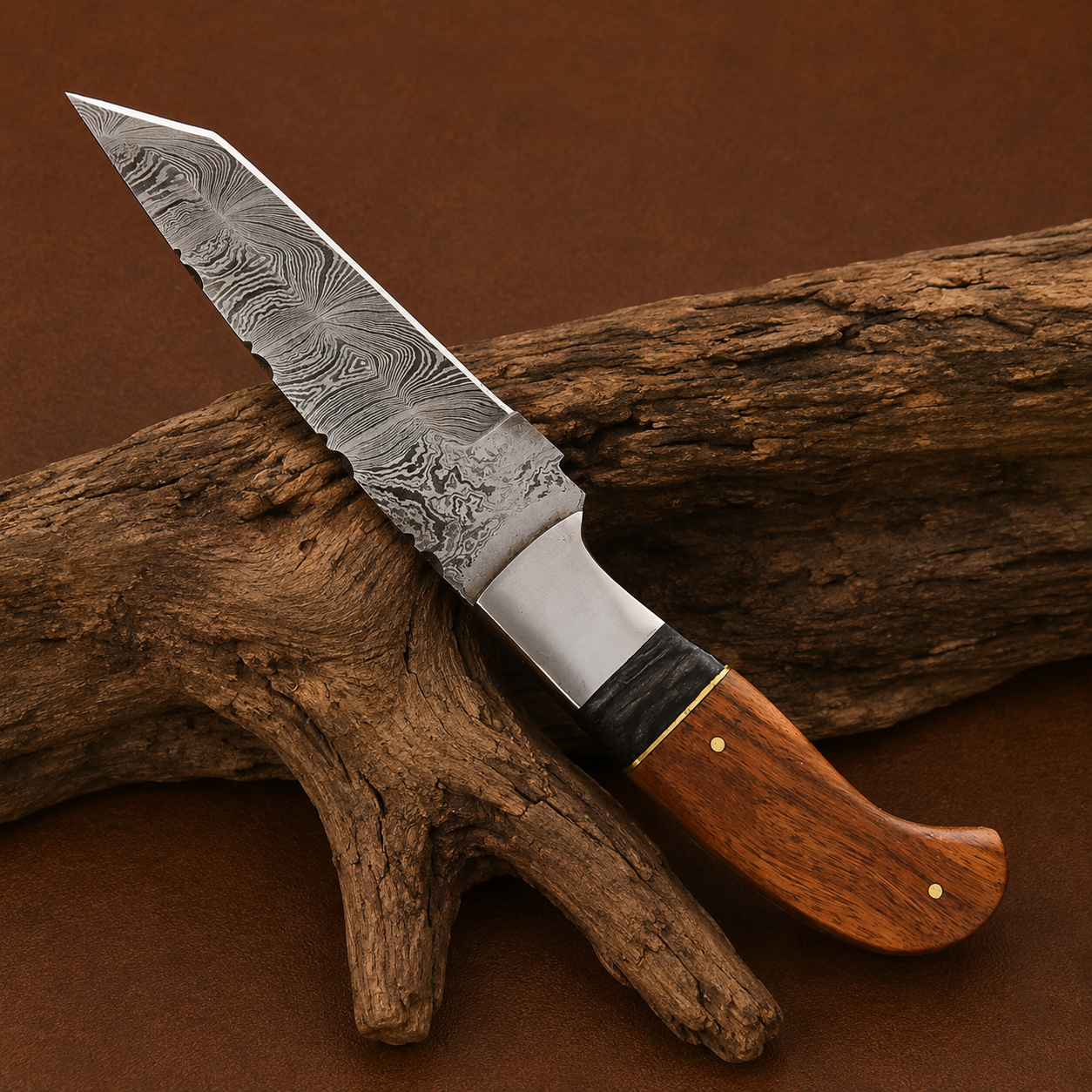 Signature Damascus Steel Tanto Knife – 512 Layer Hand Forged Blade with Wood Handle & Leather Sheath