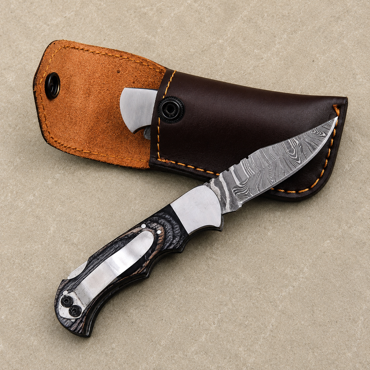 Personalized Damascus Folding Knife – Charcoal Black Pakka Wood Handle, Steel Bolster, Back Lock & Leather Sheath | Custom Engraved Gift