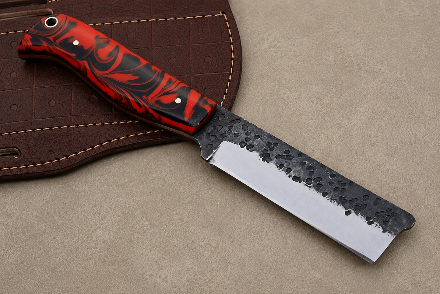 Heritage Rail High Carbon Steel Utility Knife – Hand Forged Fixed Blade with Resin Handle & Leather Sheath