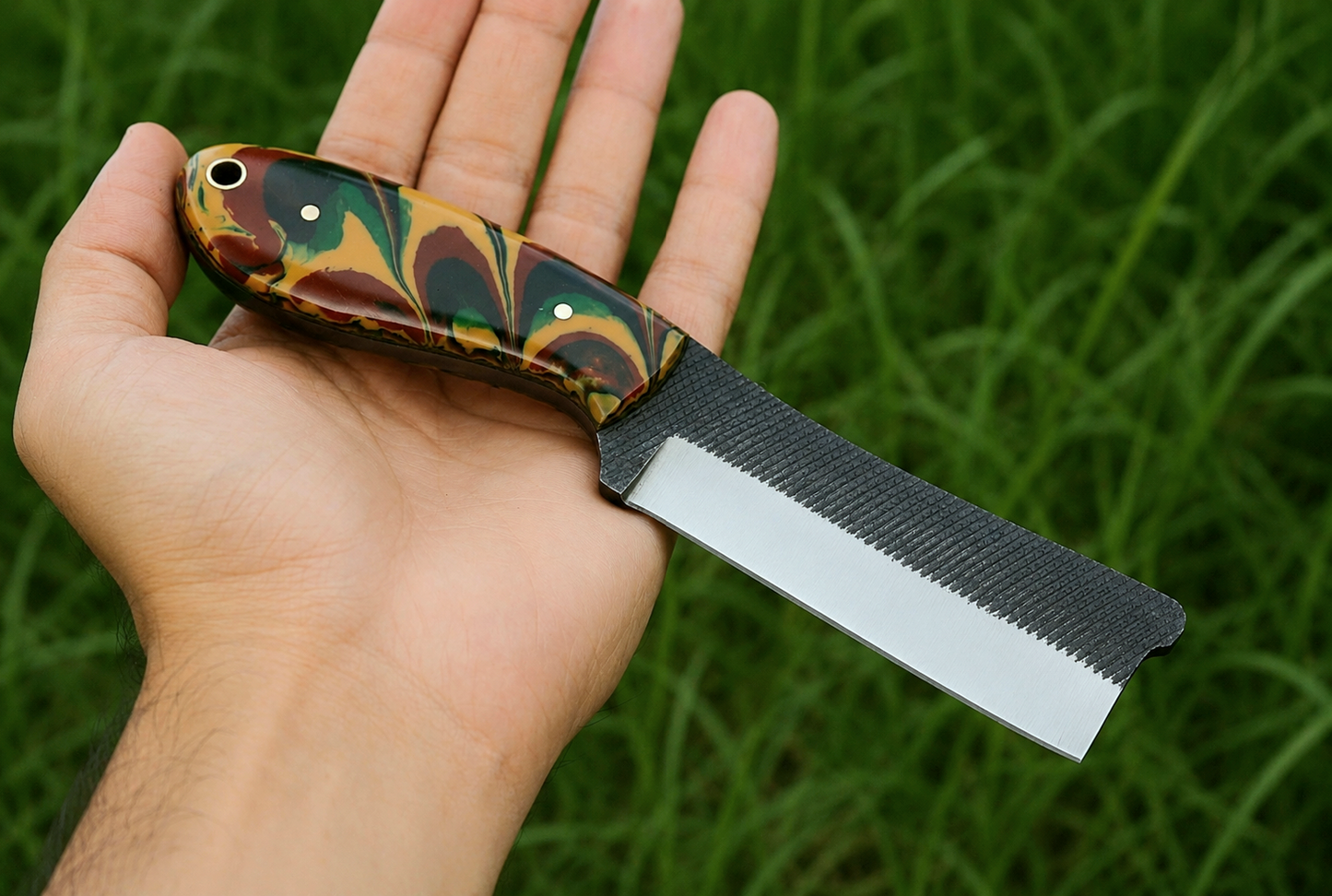 Hand Forged Railroad Steel Fixed Blade Utility Tool with Risen Handle – Engraved Leather Sheath Included