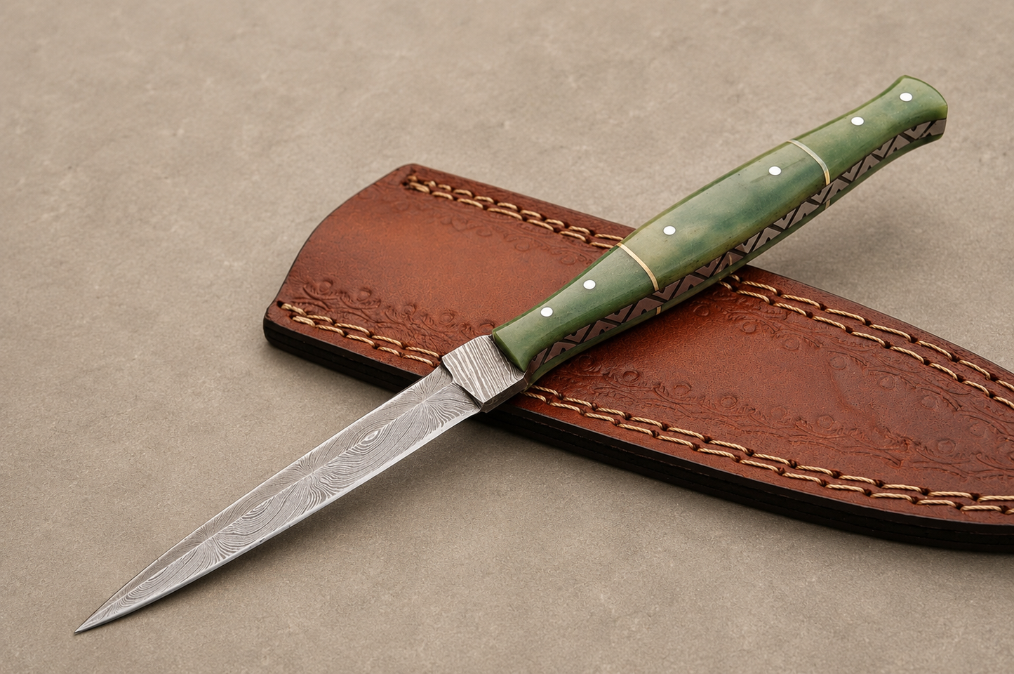 Desert Heritage Damascus Steel Knife – 512 Layer Hand Forged Blade with Camel Bone Handle & Leather Sheath