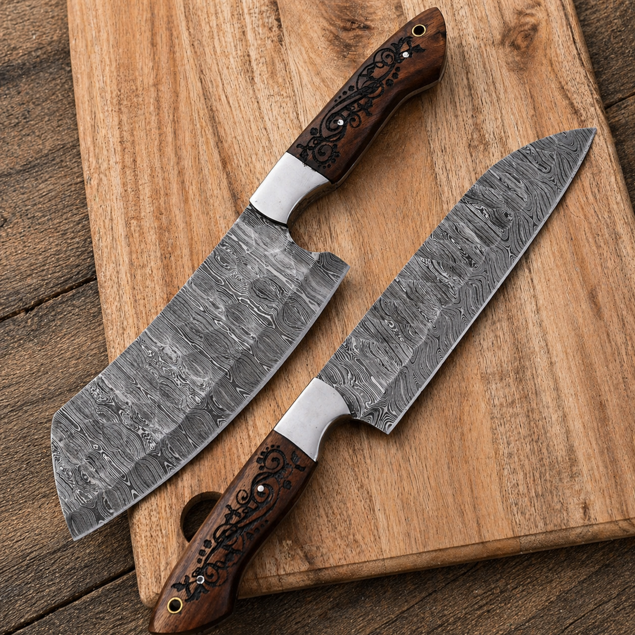 Hand Forged Damascus Steel Chef Knife Set – 2 Piece Kitchen Knife Set with Wood & Steel Bolster Handles (512 Layers)