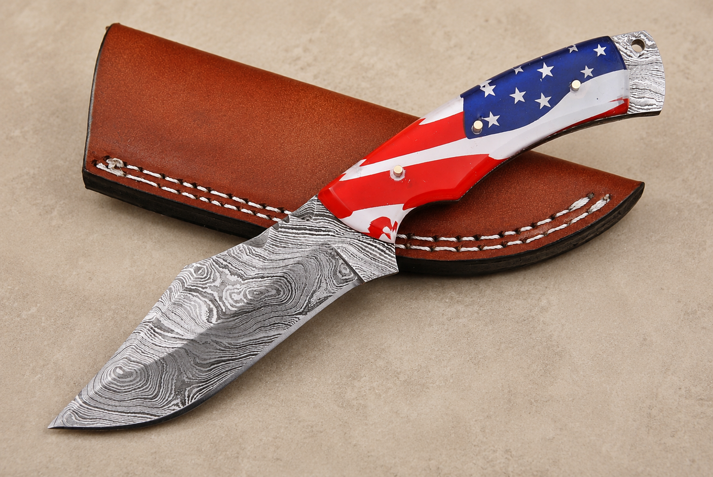 Liberty Forge Damascus Steel Knife – 512 Layer Full Tang Blade with Eagle Handle & Leather Sheath