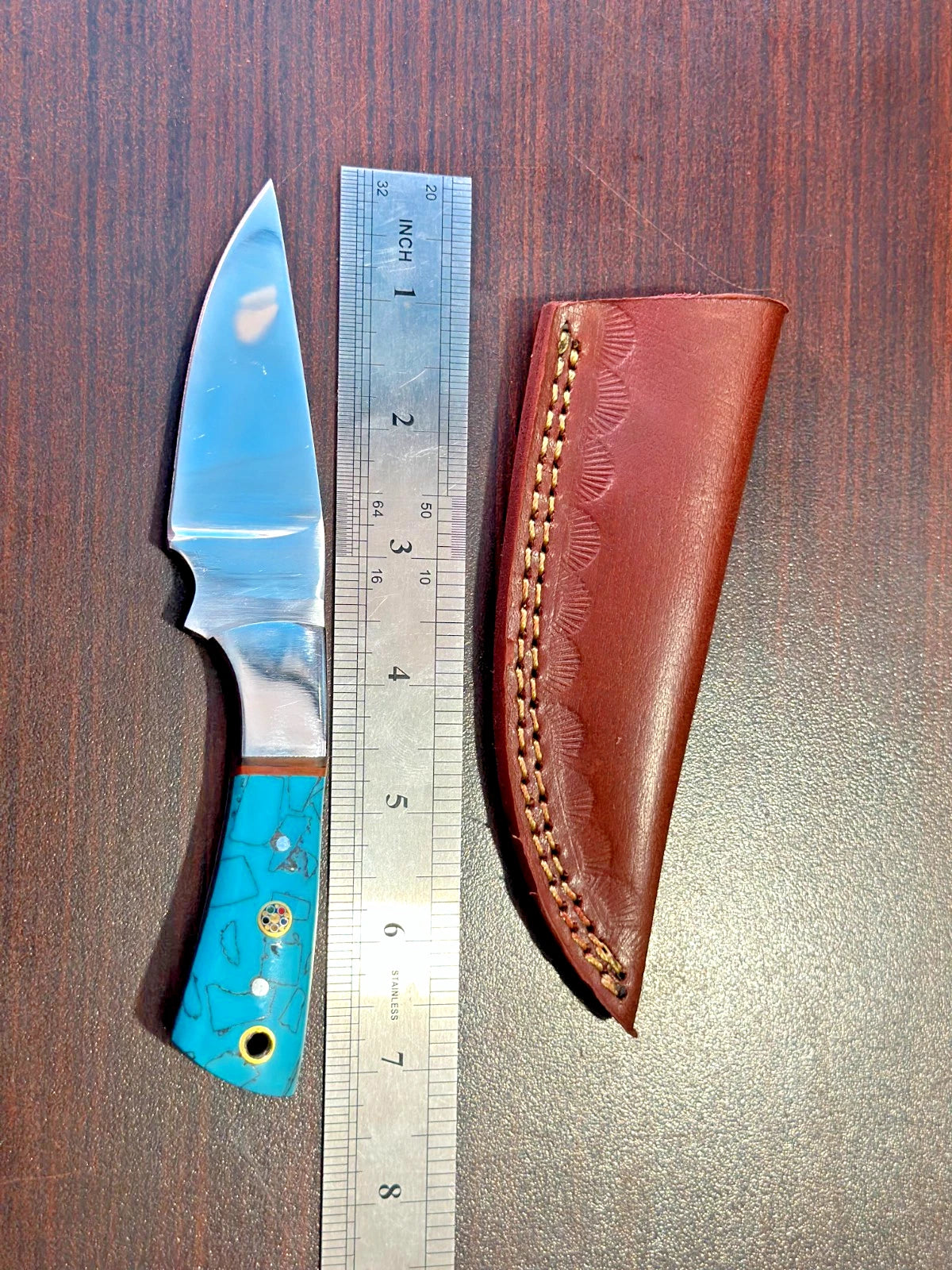Handmade D2 Steel Fixed Blade Knife – Mirror Polished Blade Resin Handle | Leather Sheath Included