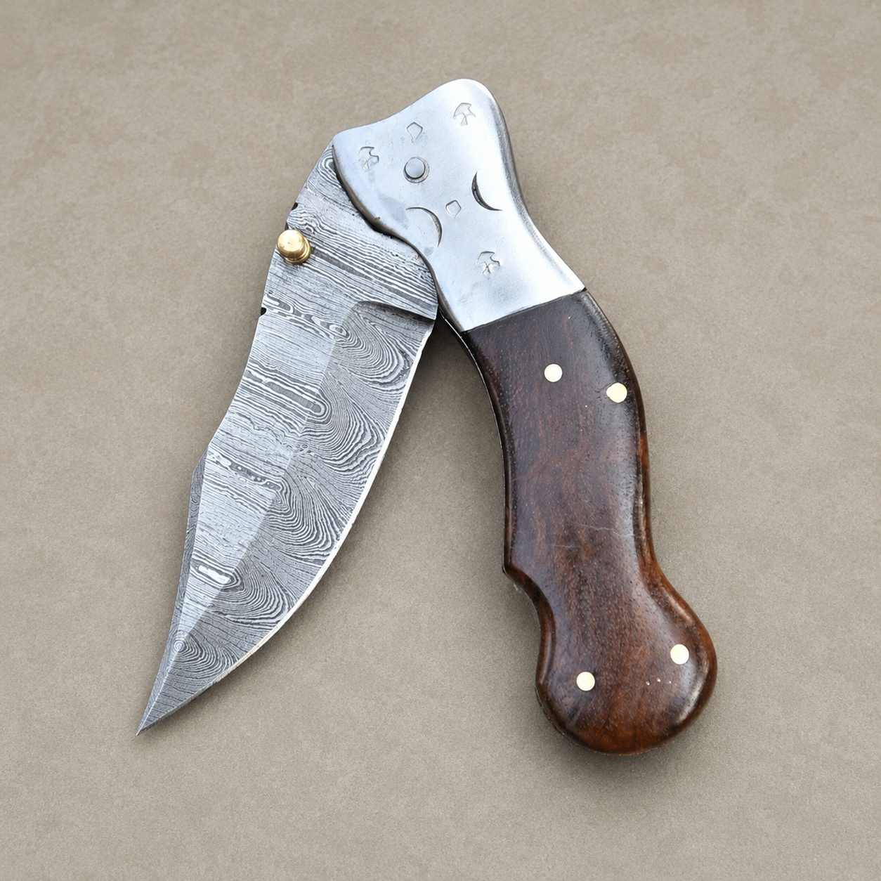 Hand Forged Damascus Steel Folding Pocket Knife with Wood Handle