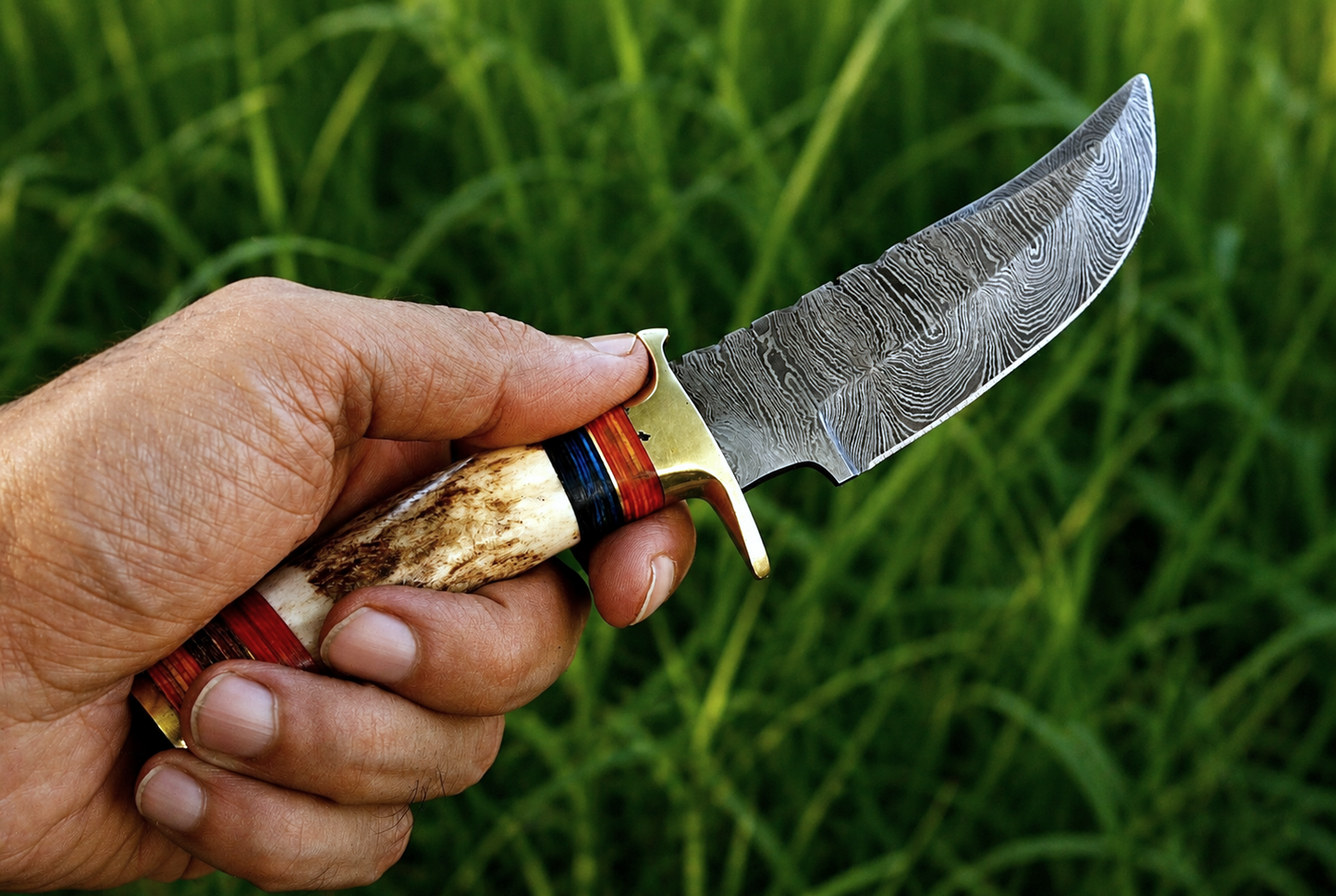 Hand Forged Damascus Steel Outdoor Knife with Stag Handle & Brass Guard – 512 Layers Knife with Leather Sheath